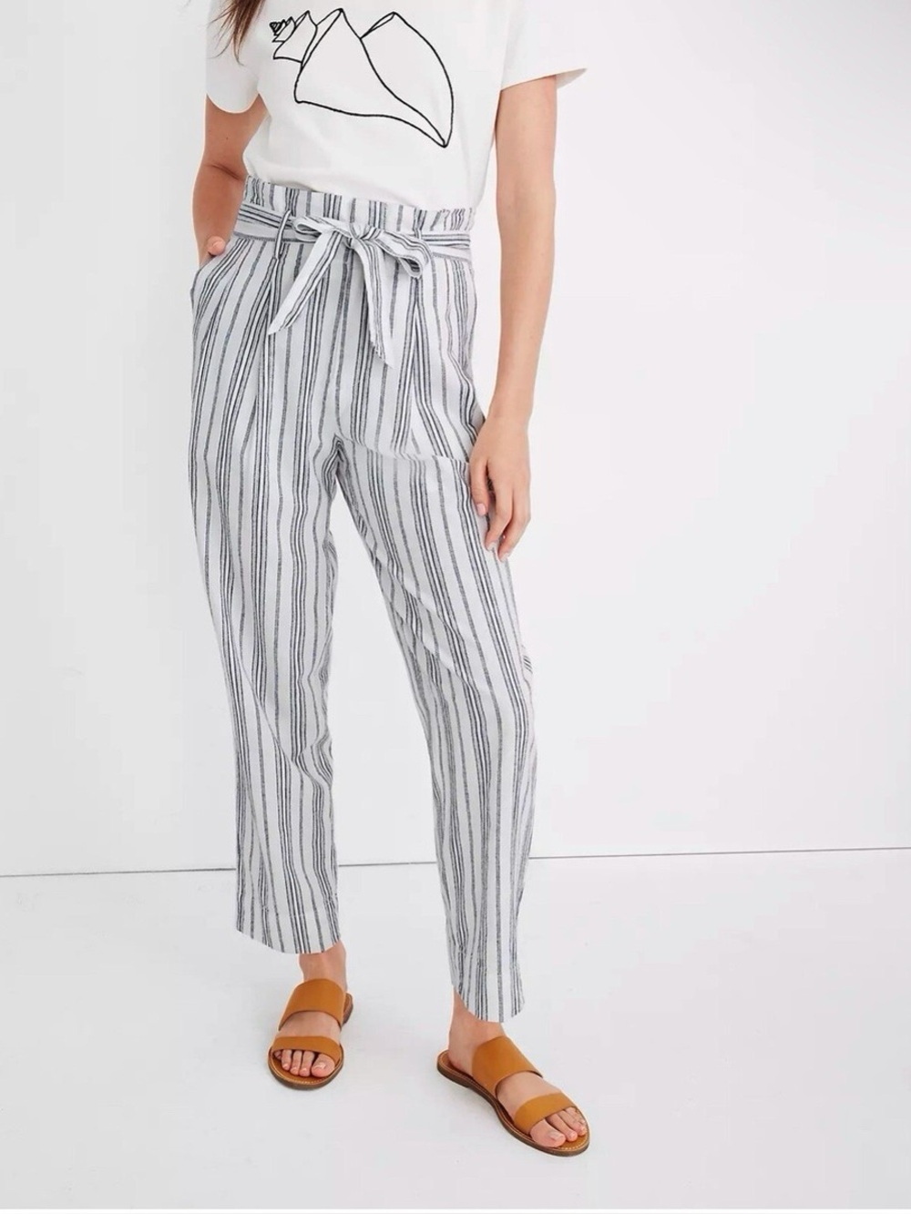 Madewell Linen-Cotton Paperbag Pants in Dark Baltic Stripe